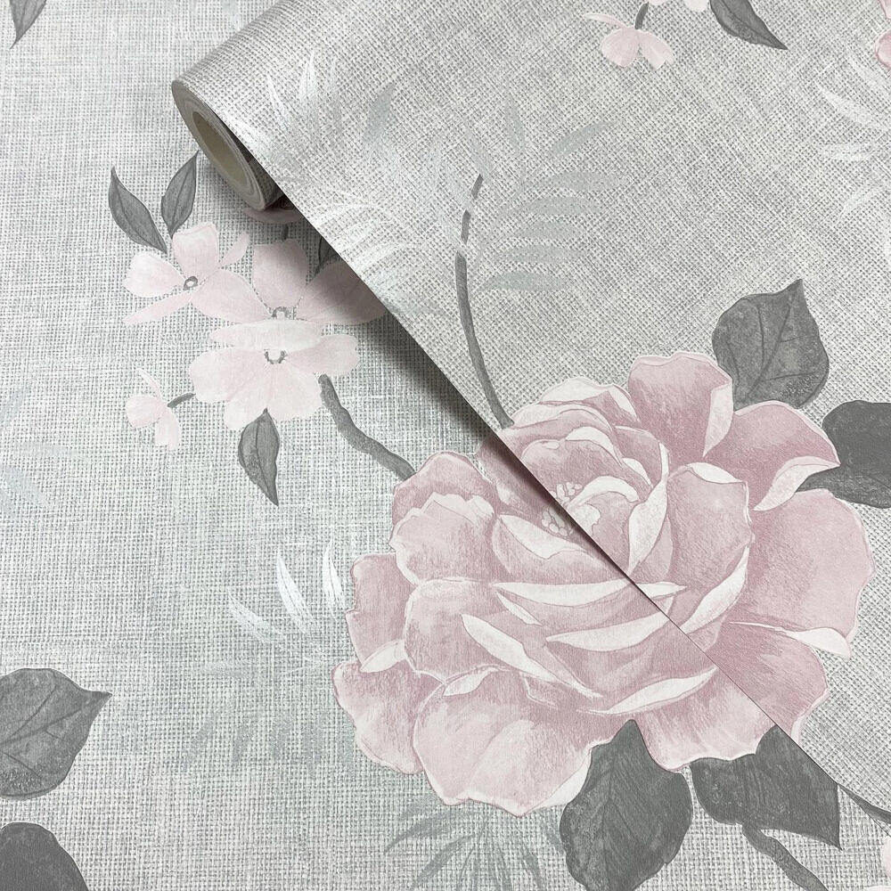 This image shows product Muriva Wallpaper A69703 Rosalind Floral Grey and Pink