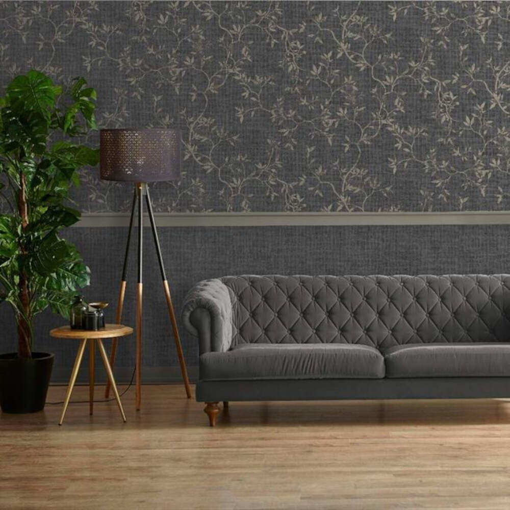This image shows product Muriva Wallpaper 173572 Muriva Japandi Leaf Charcoal Metallic