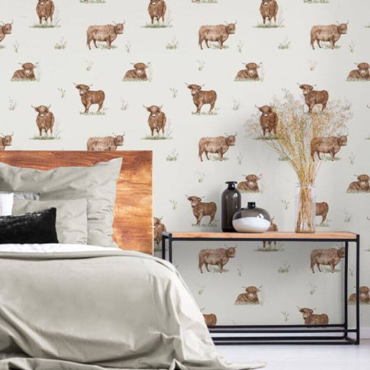 This image shows product Muriva Wallpaper 165532 Catherine Lansfield Angus Highland Cow