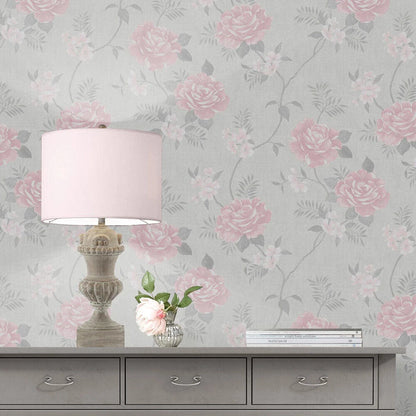 This image shows product Muriva Wallpaper A69703 Rosalind Floral Grey and Pink