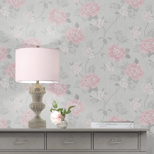 This image shows product Muriva Wallpaper A69703 Rosalind Floral Grey and Pink