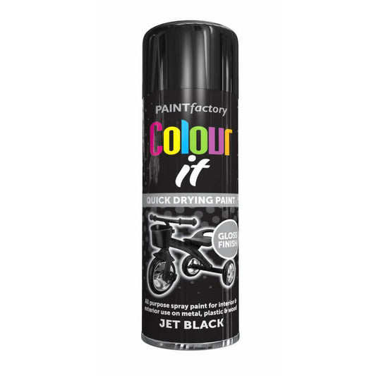 Paint Factory Colour It Quick Drying Spray Paint Black 250ml Jet Black Gloss