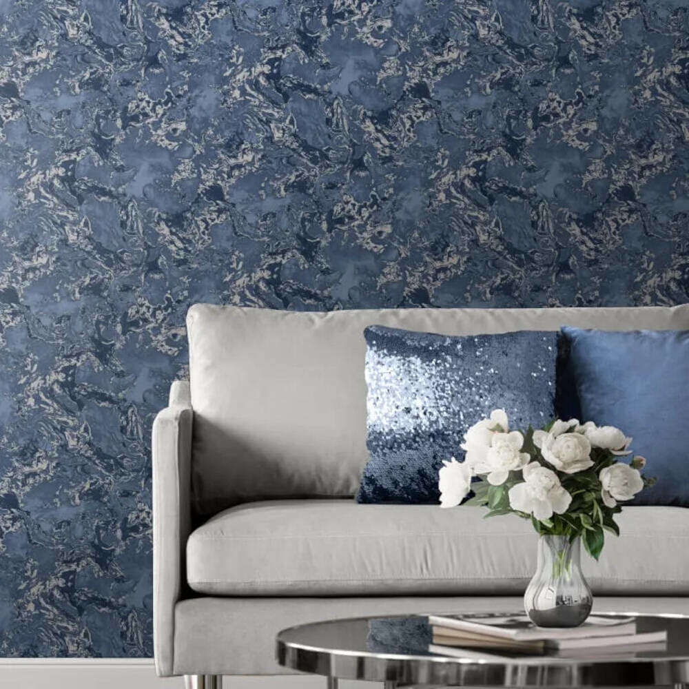 This image shows product Muriva Wallpaper 166505 Elixir Marble Blue and Silver Metallic