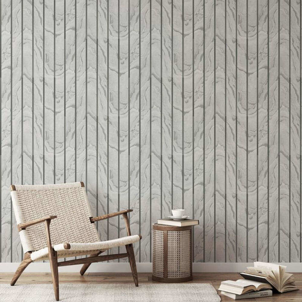 This image shows product Muriva Wallpaper 193502 Woodgrain Panel Silver Metallic