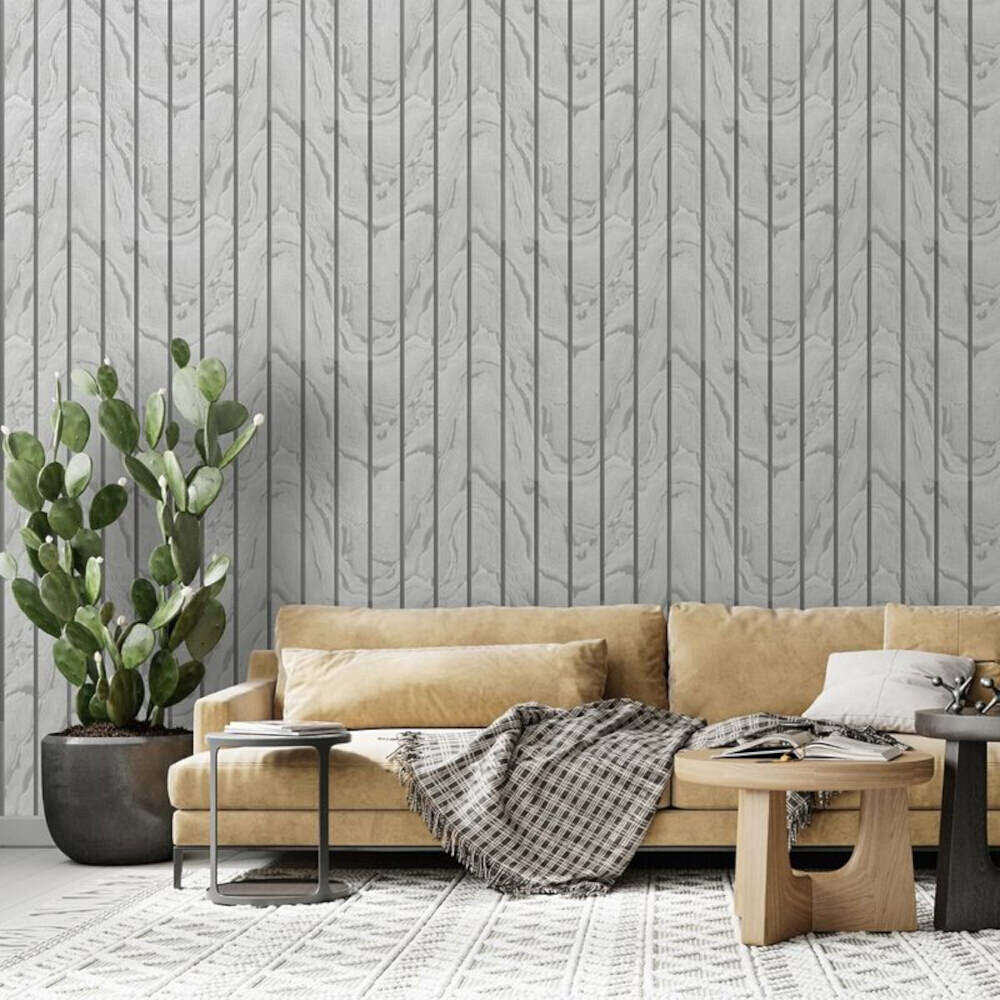 This image shows product Muriva Wallpaper 193502 Woodgrain Panel Silver Metallic