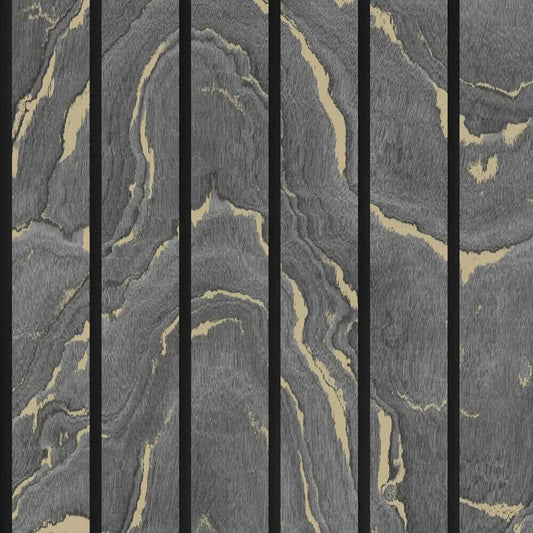This image shows product Muriva Wallpaper 193503 Woodgrain Panel Charcoal and Gold