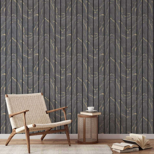 This image shows product Muriva Wallpaper 193503 Woodgrain Panel Charcoal and Gold