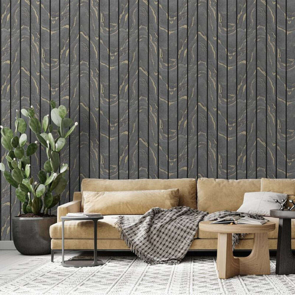 This image shows product Muriva Wallpaper 193503 Woodgrain Panel Charcoal and Gold