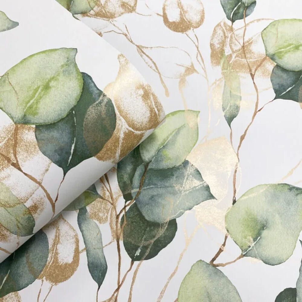 This image shows product Muriva Wallpaper 210501 Eucalyptus Leaves Green and Gold