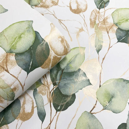 This image shows product Muriva Wallpaper 210501 Eucalyptus Leaves Green and Gold