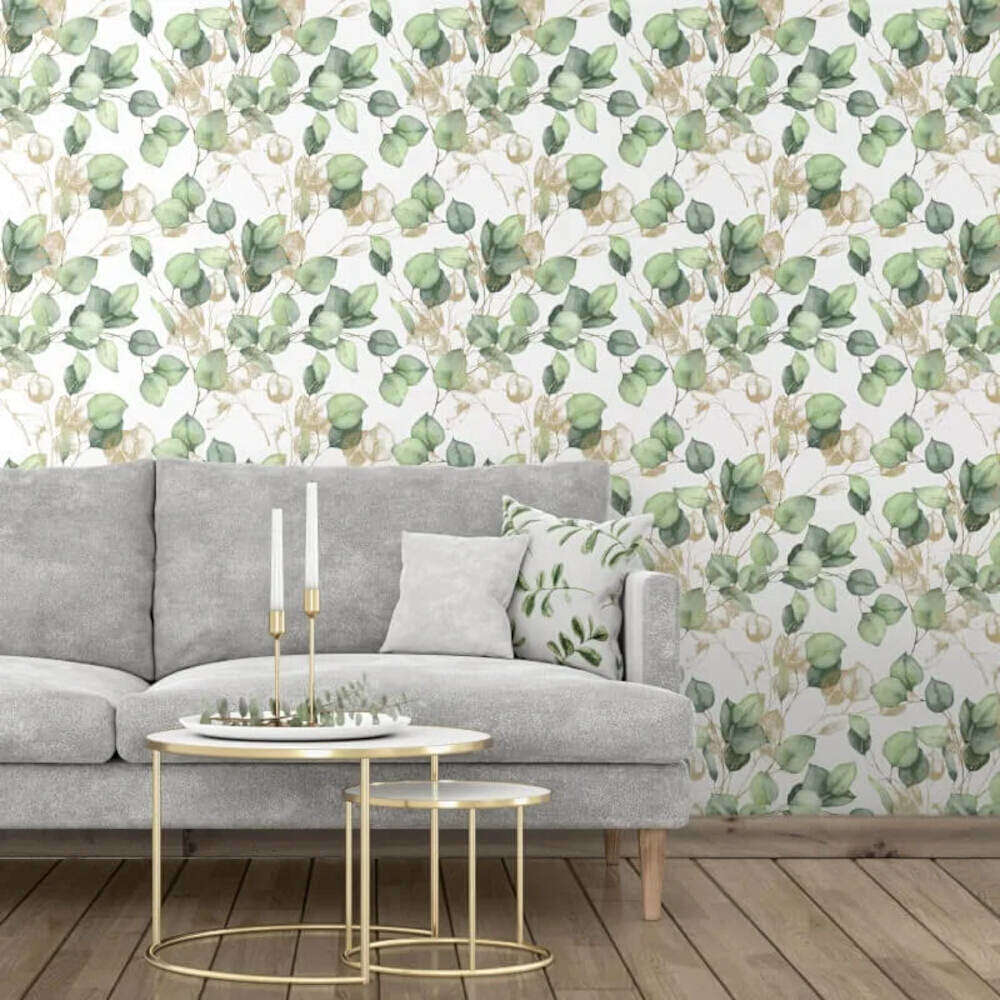 This image shows product Muriva Wallpaper 210501 Eucalyptus Leaves Green and Gold