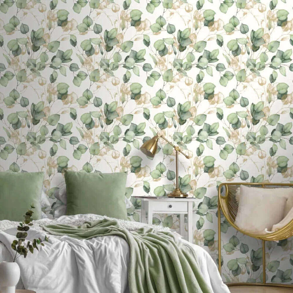 This image shows product Muriva Wallpaper 210501 Eucalyptus Leaves Green and Gold