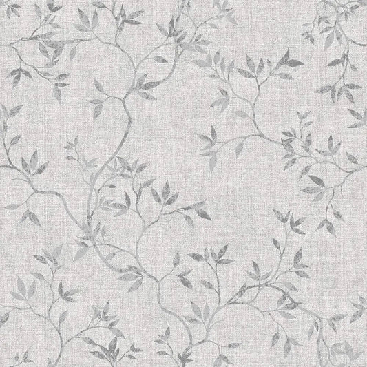 This image shows product Muriva Wallpaper 173571 Japandi Leaf Grey & Metallic Silver Floral