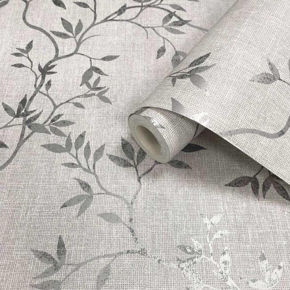 This image shows product Muriva Wallpaper 173571 Japandi Leaf Grey & Metallic Silver Floral