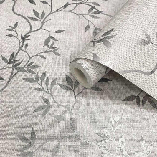 This image shows product Muriva Wallpaper 173571 Japandi Leaf Grey & Metallic Silver Floral