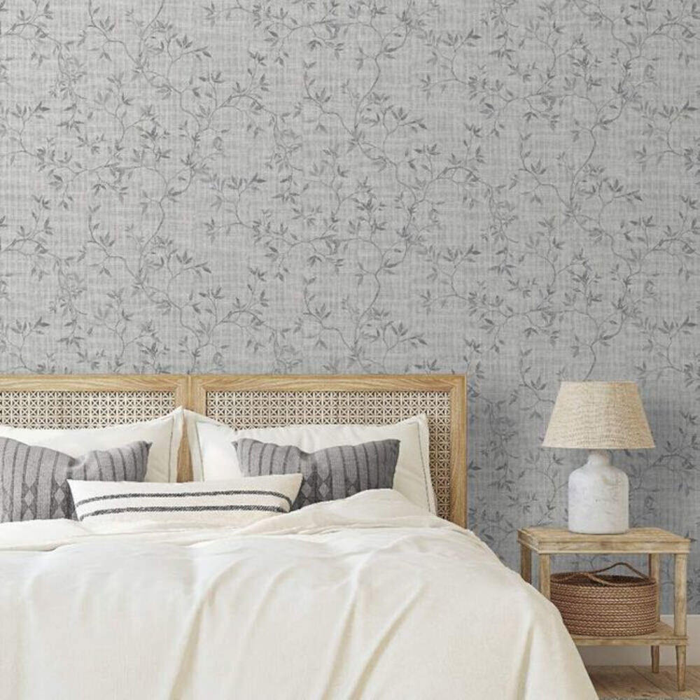 This image shows product Muriva Wallpaper 173571 Japandi Leaf Grey & Metallic Silver Floral