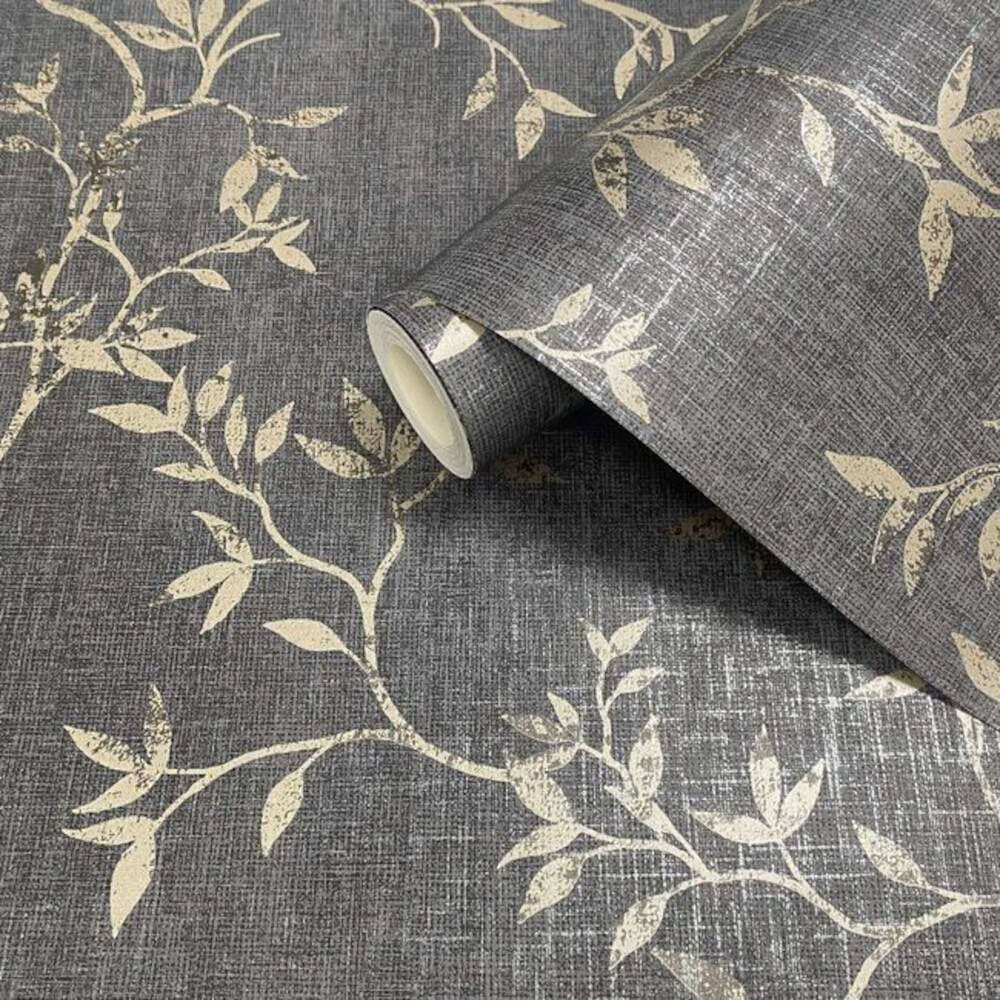This image shows product Muriva Wallpaper 173572 Muriva Japandi Leaf Charcoal Metallic