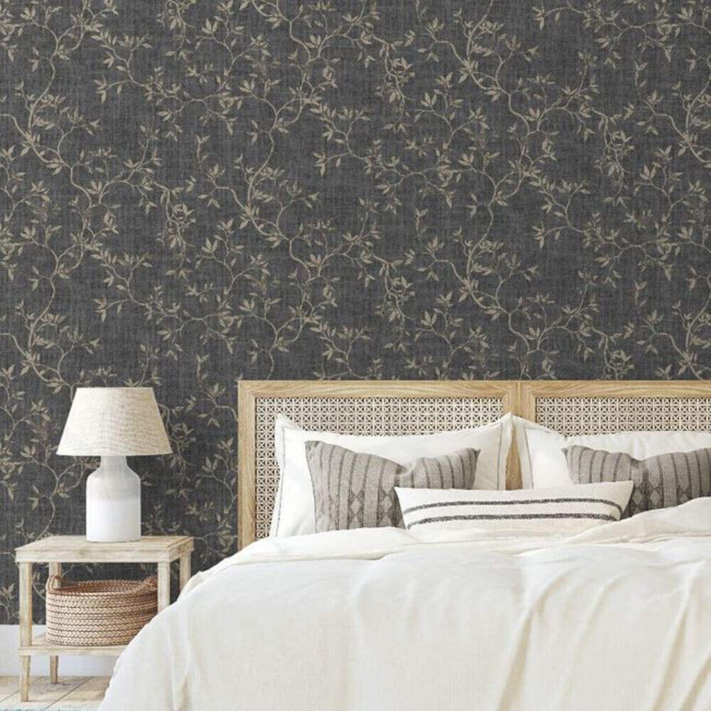This image shows product Muriva Wallpaper 173572 Muriva Japandi Leaf Charcoal Metallic