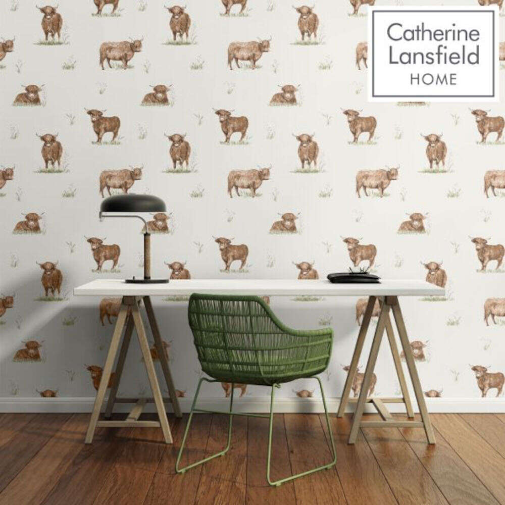 This image shows product Muriva Wallpaper 165532 Catherine Lansfield Angus Highland Cow