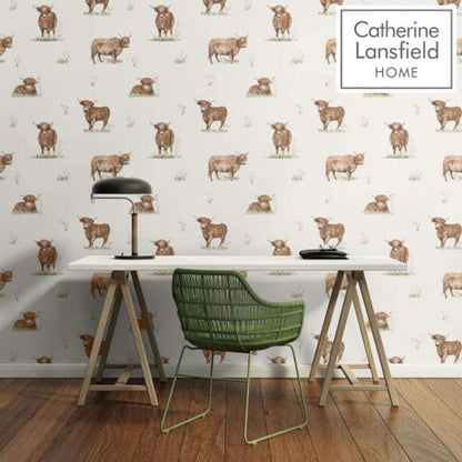 This image shows product Muriva Wallpaper 165532 Catherine Lansfield Angus Highland Cow