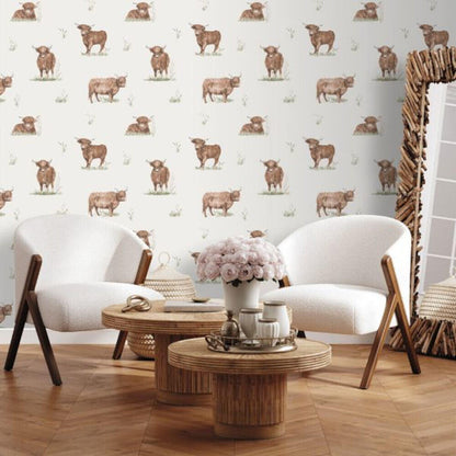 This image shows product Muriva Wallpaper 165532 Catherine Lansfield Angus Highland Cow