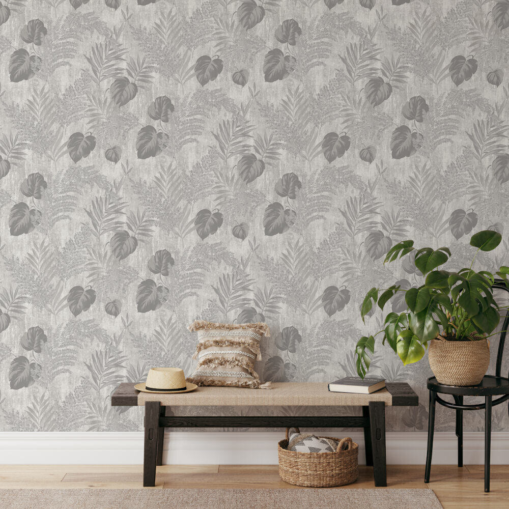 This image shows product Muriva Wallpaper 209111 Phelan Leaf Blown Vinyl Grey