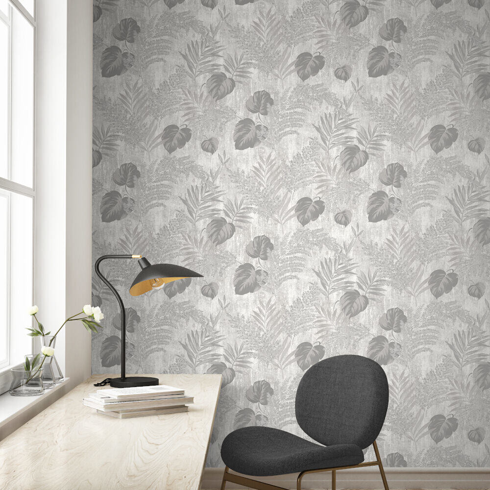 This image shows product Muriva Wallpaper 209111 Phelan Leaf Blown Vinyl Grey