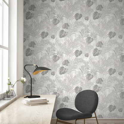 This image shows product Muriva Wallpaper 209111 Phelan Leaf Blown Vinyl Grey
