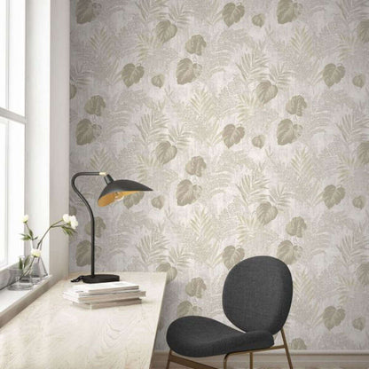 This image shows product Muriva Wallpaper 209112 Phelan Leaf Vinyl Beige